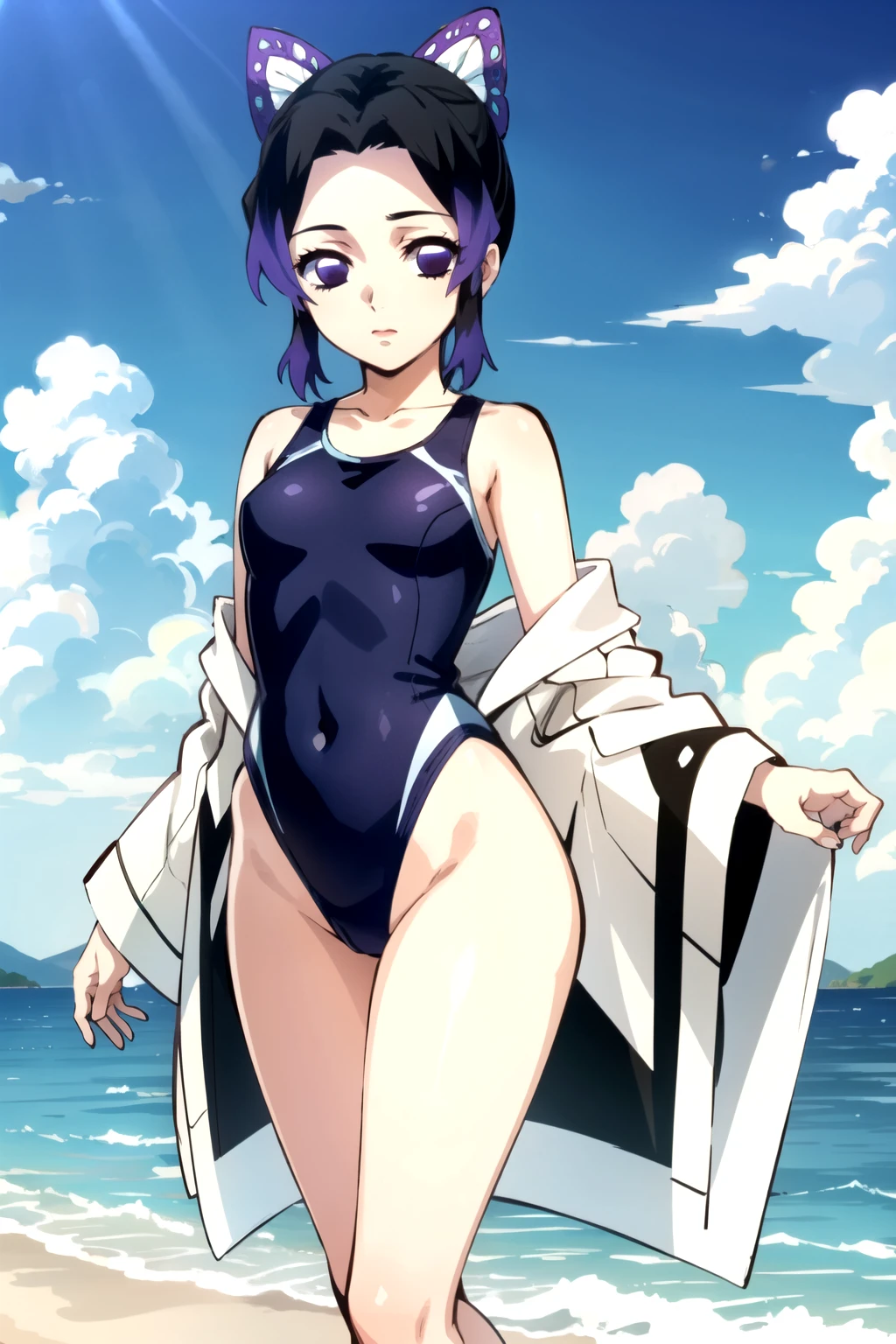 (kochou shinobu), 1 woman, butterfly hair ornaments, hair ornaments, Purple Hair, Multicolored Hair, Black Hair, Purple eyes, smilei, Gradient Hair, Hollow Eyes, short hair, bangs, parted bangs, Mouth closed, Side Lock, (medium breasts), (bulack one pieces swimsuit), (highleg swimsuit: 1.3), cowboy shot, blue null, cloud, Outdoor, beach, belt, View your viewers,