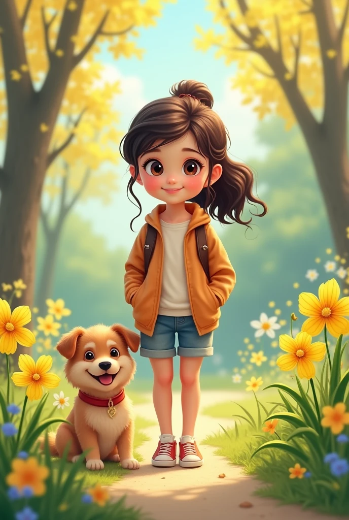 A very charming,Carrying a backpack,And her cute puppy (hoarse) Enjoy a beautiful spring outing,Surrounded by beautiful yellow flowers and nature. 4K resolution, HD, illustration, Very detailed, Facial features, Cartoon, Visual effect.