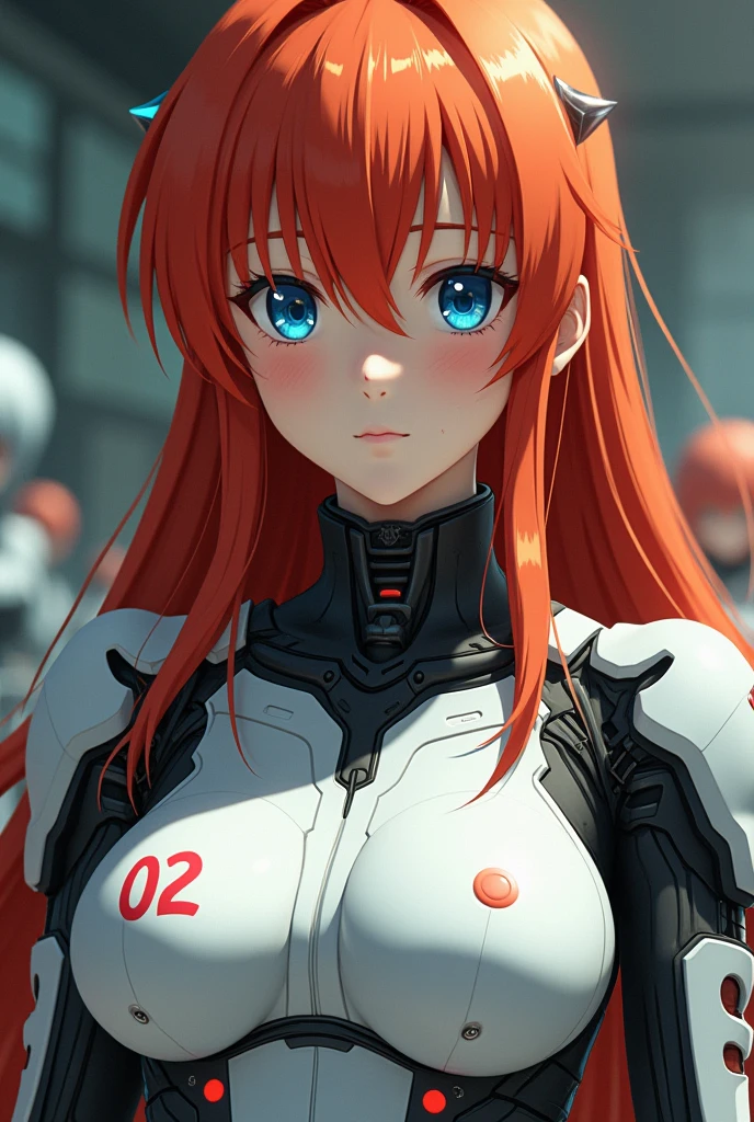 Asuka Langley, realist, long red hair, blue eyes, freckles on cheek, Red exosuit very close to the number 02 in black between the breasts, real image
