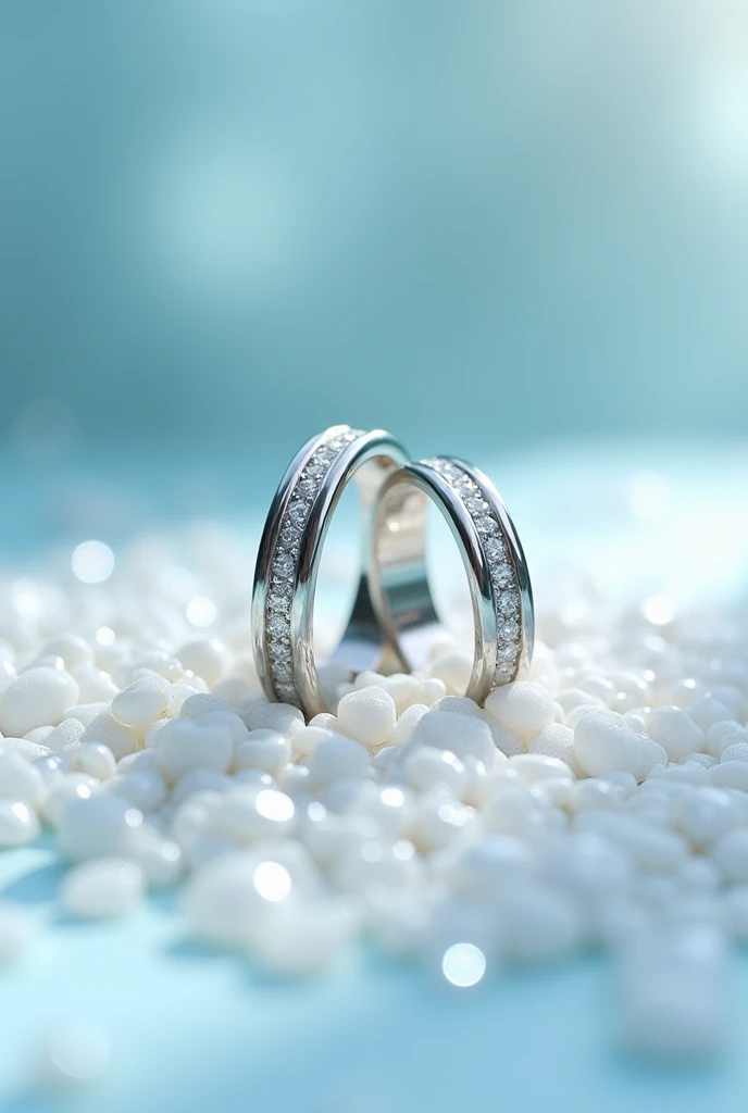 Photo of white gold wedding rings, standing on their ribs next to each other on small white stones surrounded by a soft bluish haze