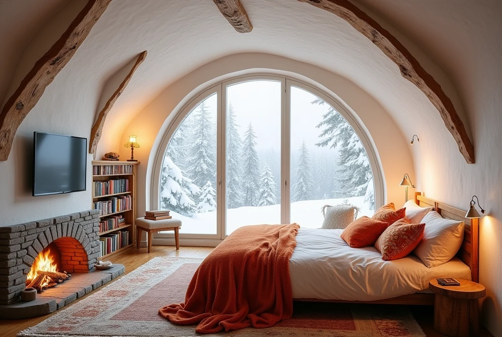 A cozy bedroom with a unique, wavy white ceiling resembling snow, accented by natural wooden beams. A large window offers a view of a snowy landscape outside. The room features a comfortable bed with orange and patterned throw pillows, a small stacked wood fireplace beside a bookshelf filled with books, and a television displaying an image. The space is warmly lit, with a decorative rug and a simple wooden stool, creating an inviting and rustic atmosphere