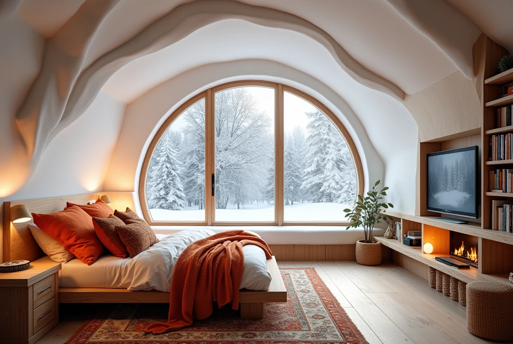 A cozy bedroom with a unique, wavy white ceiling resembling snow, accented by natural wooden beams. A large window offers a view of a snowy landscape outside. The room features a comfortable bed with orange and patterned throw pillows, a small stacked wood fireplace beside a bookshelf filled with books, and a television displaying an image. The space is warmly lit, with a decorative rug and a simple wooden stool, creating an inviting and rustic atmosphere