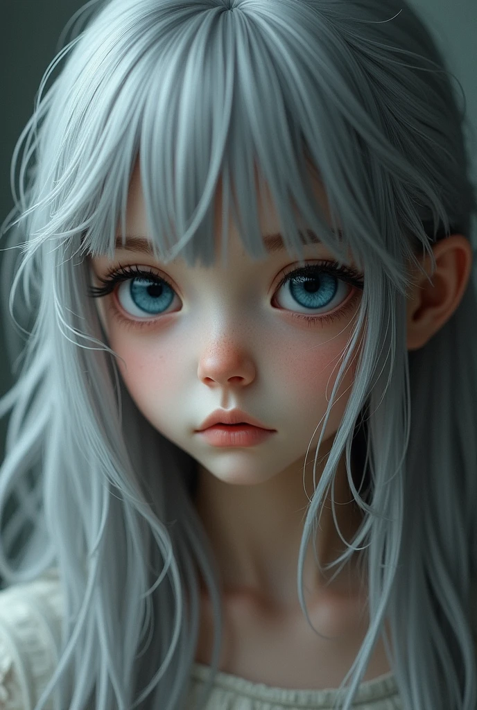 juvenile、blue eyes、young、sad、lonely、Grim expression、Close-up of face、beautiful、neutral、Long eyelashes、Straight nose、White skin、Gray Hair、Long Hair、Staring at the audience、Facing left、Realistic、Real、Highest quality