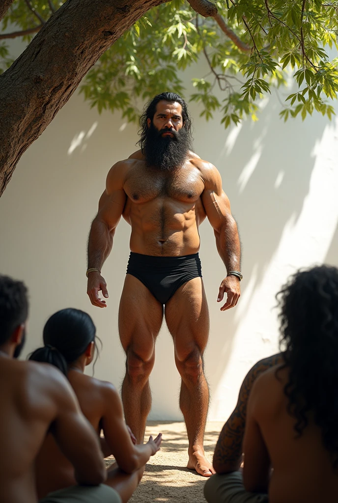 Big hairy bearded strong muscular Persian teacher standing in black underwear, gesturing, teaching a group of boys sitting against a white wall with a large tree in the background.