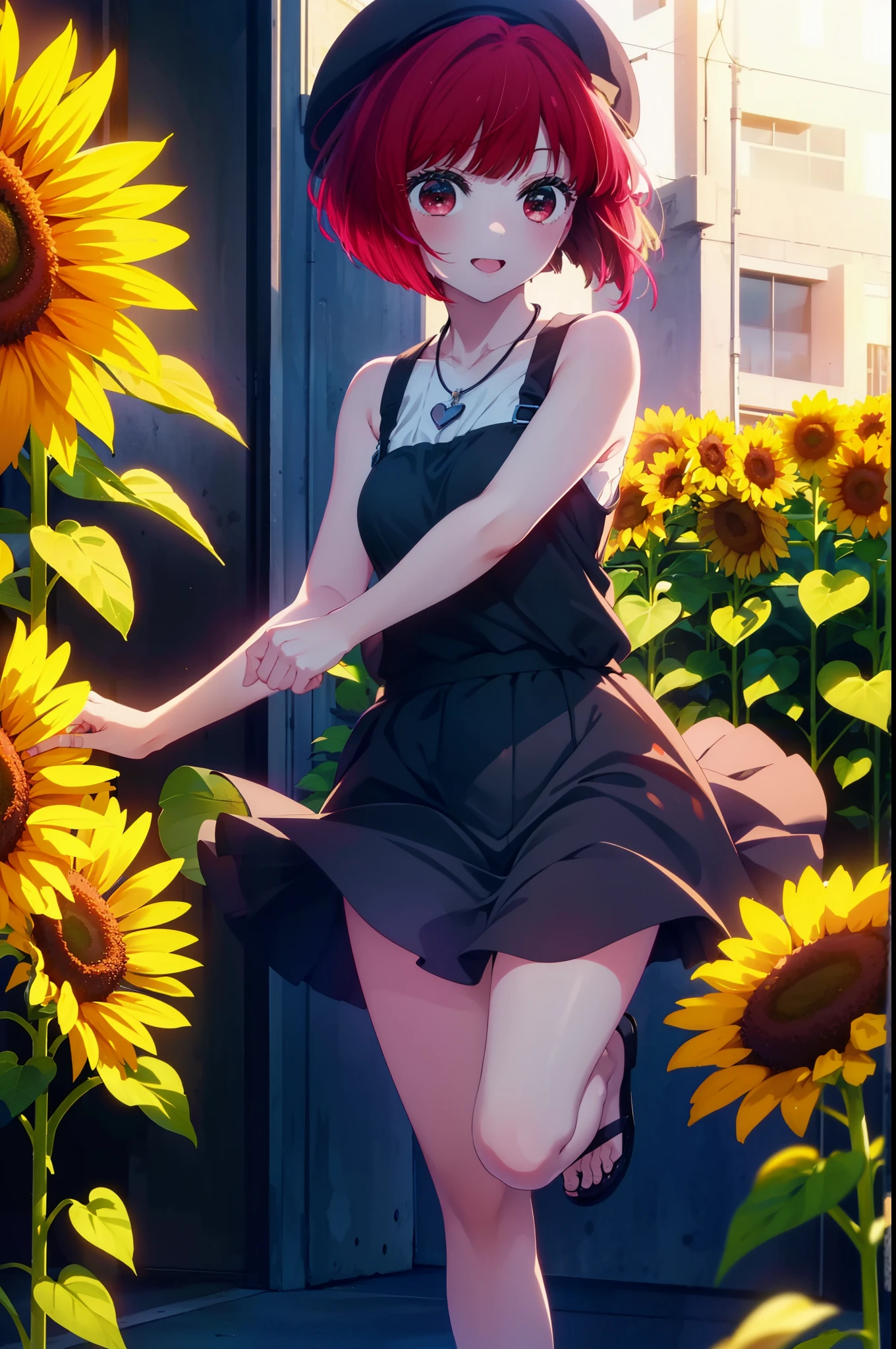 canary, Arima etc., short hair, bangs, (Red eyes:1.3), Redhead, Bobcut, smile,Open your mouth,Tank top,mini skirt,Cute Sandals,Heart Necklace,Are standing,Daytime,Clear skies,True Summer,Beret with ribbon,whole bodyがイラストに入るように,
break outdoors,Sunflower field,
break looking at viewer, whole body, 
break (masterpiece:1.2), Highest quality, High resolution, unity 8k wallpaper, (figure:0.8), (Beautiful attention to detail:1.6), Highly detailed face, Perfect lighting, Highly detailed CG, (Perfect hands, Perfect Anatomy),