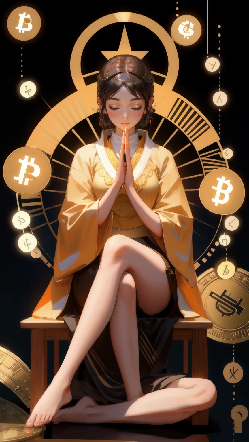 Create an image of a serene figure meditating in the lotus position, their legs crossed with feet resting on opposite thighs, in a financial-themed environment. The figure is surrounded by floating cryptocurrency symbols, particularly Bitcoin, and their hands rest on their knees with palms facing upward in a mudra (thumb and index finger touching). The background should be a warm brown, evoking a sense of stability and grounding. Incorporate the keyword 'DeFi Yield Yoga' to highlight the blend of mindfulness and decentralized finance.