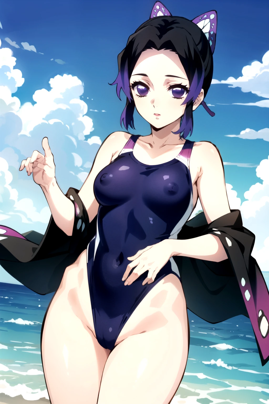(kochou shinobu), 1 woman, butterfly hair ornaments, hair ornaments, Purple Hair, Multicolored Hair, Black Hair, Purple eyes, smilei, Gradient Hair, Hollow Eyes, short hair, bangs, parted bangs, Mouth closed, Side Lock, (medium breasts), (bulack one pieces swimsuit: 1.3), (highleg swimsuit: 1.3), (erect nipples), cowboy shot, blue null, cloud, Outdoor, beach, belt, View your viewers,