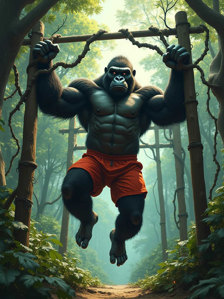 A gorilla wearing sportswear exercising in a jungle gym, Lots of foliage and trees surrounding it, detail , cinematic, Tim Burton style