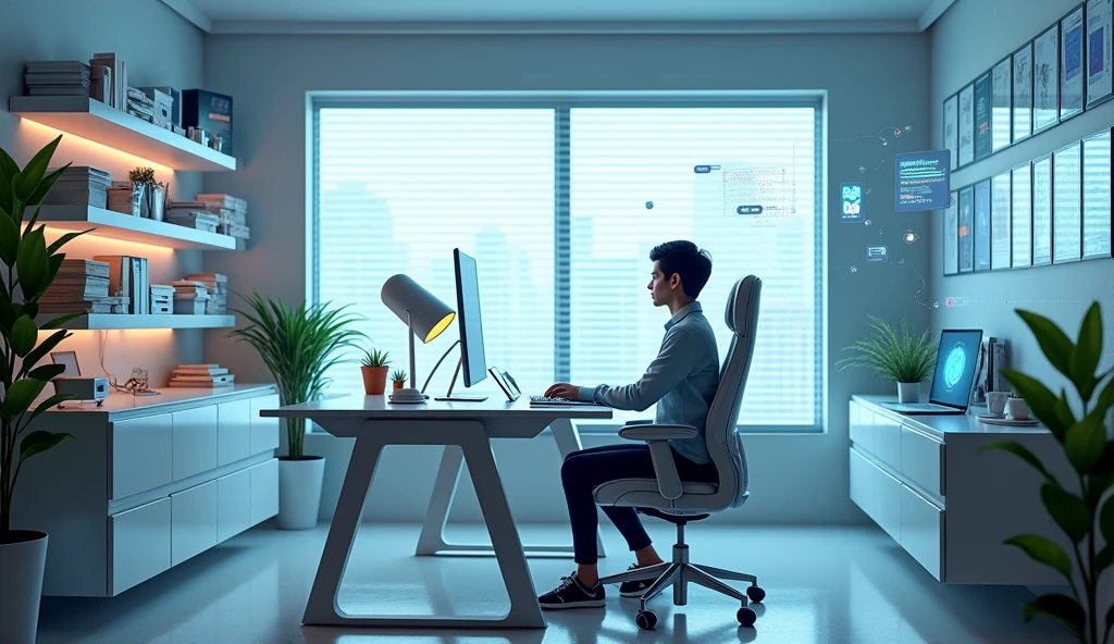 A person working from home in a futuristic environment: sleek, high-tech office setup with advanced gadgets, holographic displays, and a modern, minimalist design. The workspace is bright, organized, and seamlessly integrated with technology