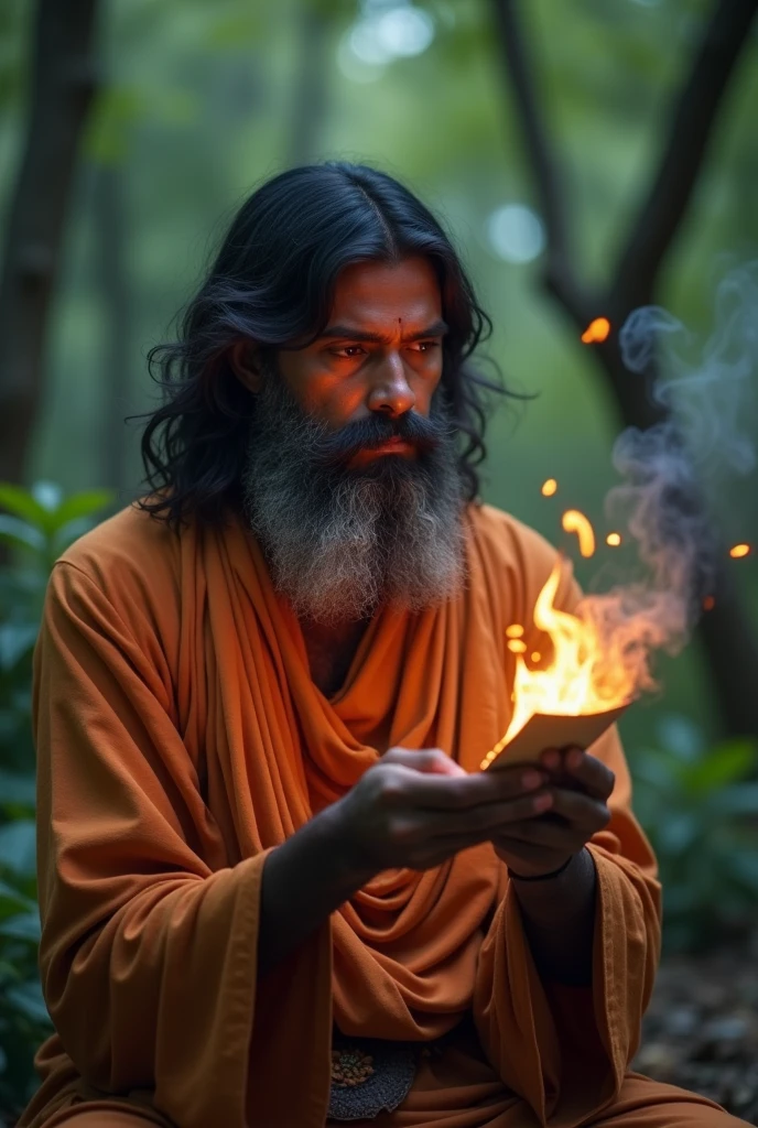 Burning Letter or Photograph: Someone Indian sadhu young man with forest view backgroundholding a letter or photograph that is being consumed by flames, representing broken memories or betrayal.