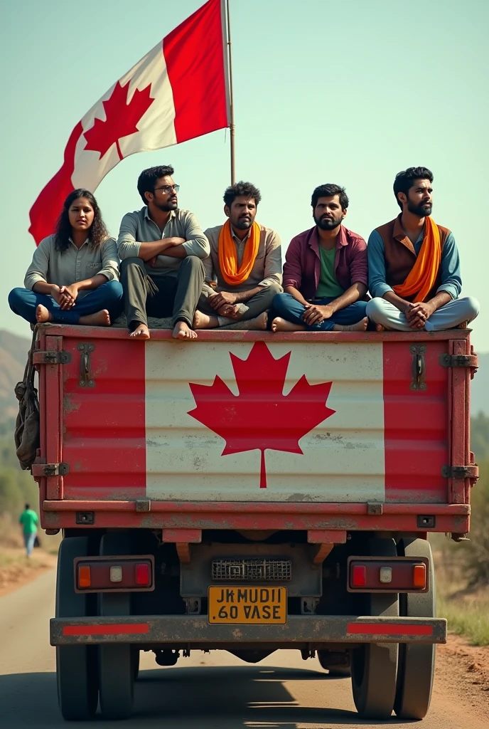 Indian people sitting on the canadian flag  truck