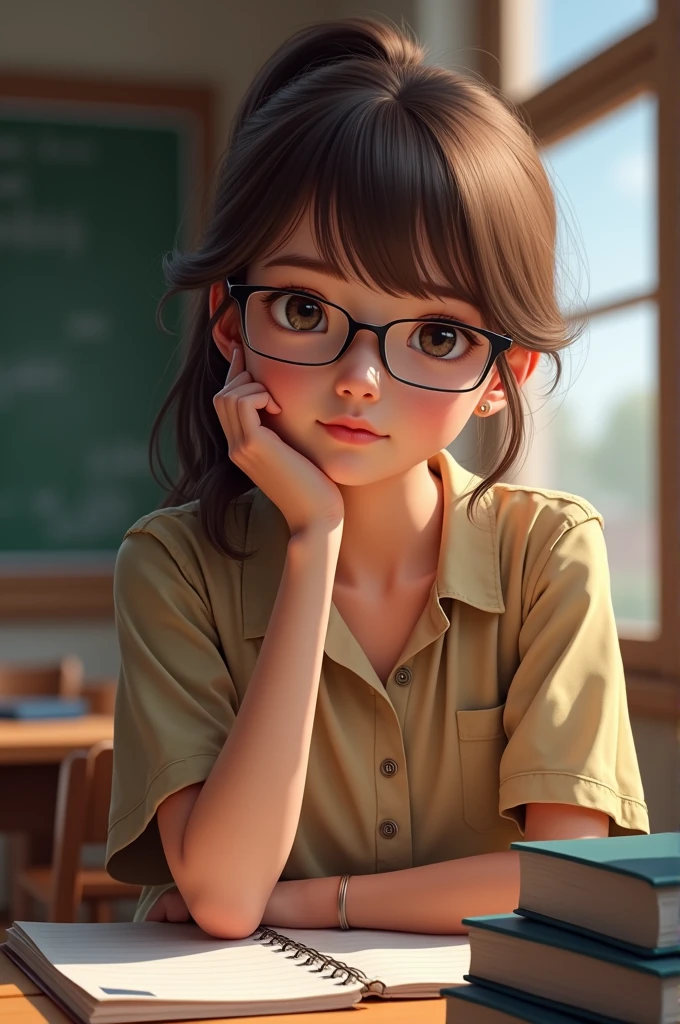 High school student with ponytail, glasses and brown hair 