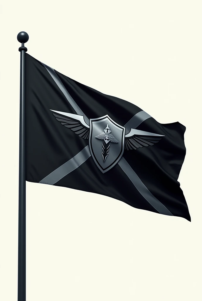 The flag has a powerful and imposing design, with the entire background in a deep, midnight black, symbolizing strength, authority, and the covert nature of military operations.
At the center of the flag is a bold, silver shield with a polished, metallic finish, symbolizing defense, protection, and resilience. The shield is adorned with a sharp, angular emblem of an eagle in flight, rendered in dark metallic gray, representing vigilance, power, and strategic dominance. The eagle's wings are spread wide, conveying readiness and control, while its talons clutch a sword, symbolizing both offensive and defensive capabilities.
Surrounding the shield are four sleek, diagonal lines in a dark, matte silver, converging towards the center from each corner of the flag. These lines represent precision, discipline, and the strategic coordination of forces.
The overall design is striking and authoritative, capturing the essence of a private military and defense company dedicated to security and operational excellence.I want it to appear like a tailored flag and a real one I don't want a dark grey background I am not referring to the background of the flag I like this flag but put it on a flagpost with a bright cream background not the flag background but the overall one
2/2