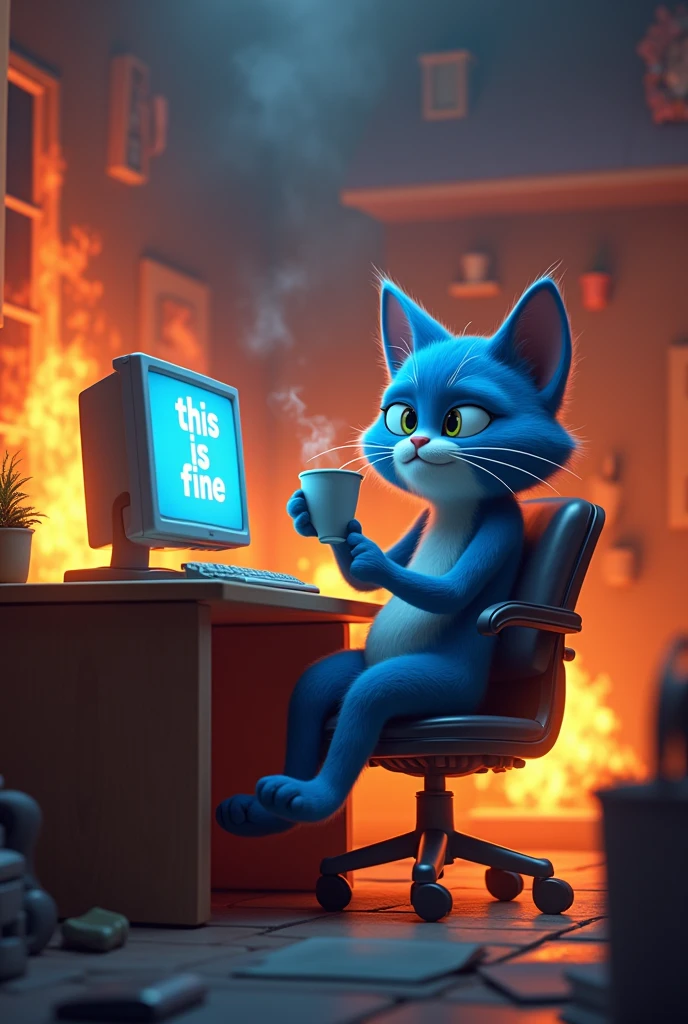 "An animated-style blue cat, with a calm expression, is sitting at a desk with a computer. On the computer monitor, the words 'This is Fine' are displayed. The cat is holding a cup of coffee and appears completely relaxed, while the entire house around it is on fire. The environment is chaotic, with flames and smoke engulfing the furniture, but the cat maintains its serene and unconcerned attitude. The design should capture the iconic and cartoonish style of the original meme, avoiding a realistic approach."