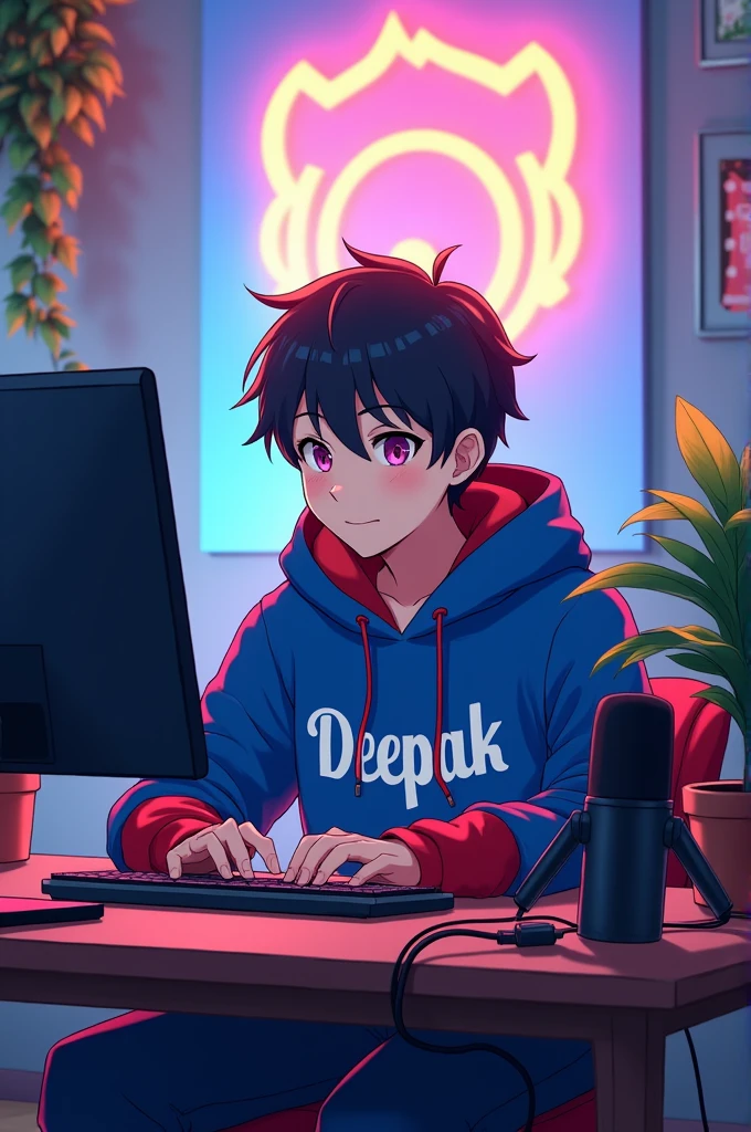 Create a image of "A 18 years anime boy, sitting in front of a computer desk with a microphone and laptop, wearing BLUE and red hoodie with the Channel Name on it "DEEPAK " The background includes a large logo on the wall, potted on either side, and various recording equipment.