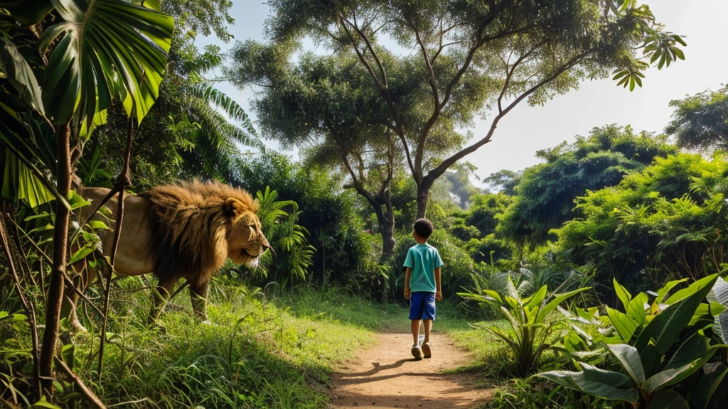 A boy walking in jungle and lion watching him behind the tree  Bird flying in sky
