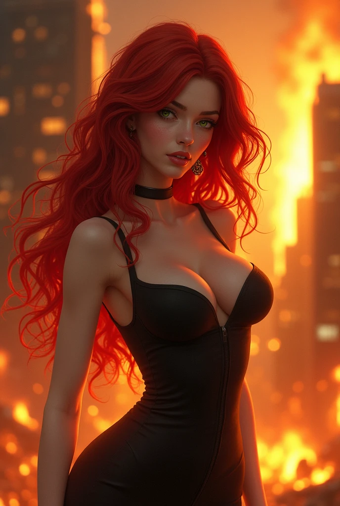 Create a woman who is approximately 1m tall.,65 meters (5 feet 5 inches). With long, deep red hair, which is one of its most distinctive features. With clear skin and a slim figure. His eyes are a deep green color, and a  expression that combines elegance with a strong and confident presence., that she has a nice and attractive body with large, pear-shaped breasts, that is found in a city full of flames