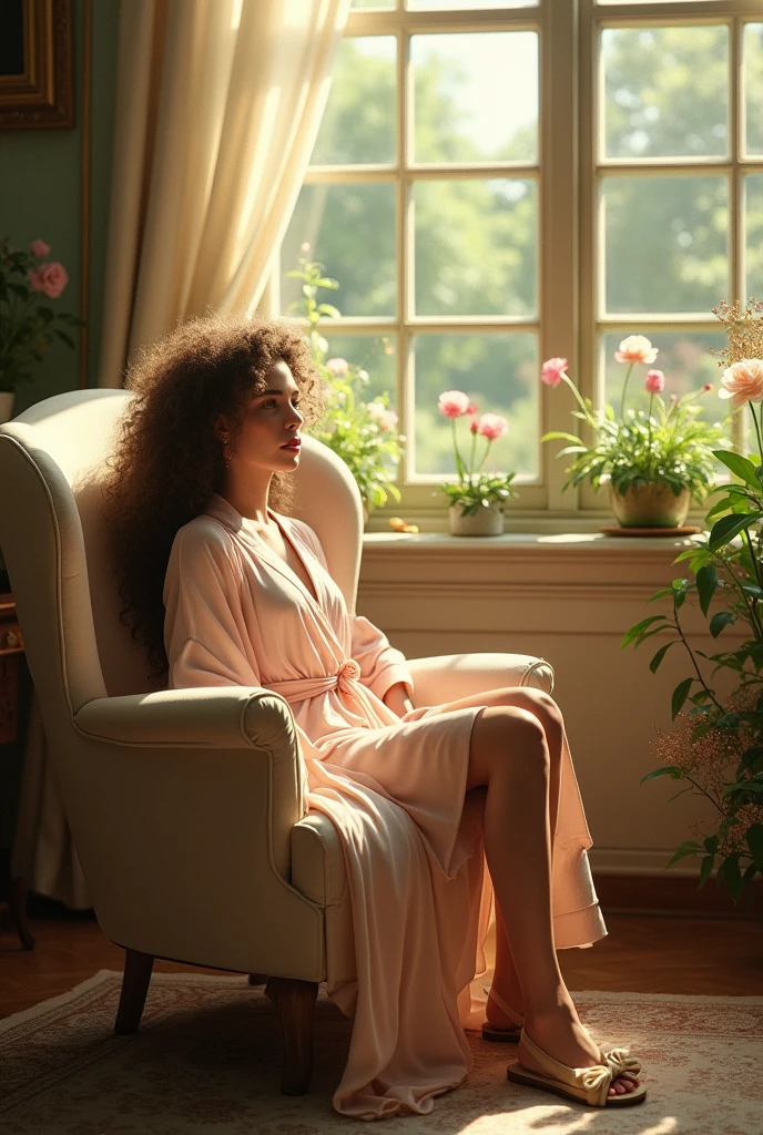 To create a new photorealistic image of the same woman in a different setting, you could imagine her in a cozy, indoor environment with a slightly different ambiance. Picture her sitting in a sunlit room with a large window framing a garden view. She could be lounging on a plush, vintage armchair, dressed in a soft, pastel-colored robe, with her long curly hair cascading freely. The room is adorned with elegant, antique furnishings and delicate plants, creating a serene and inviting atmosphere. The lighting is warm and soft, casting gentle shadows and highlighting the intricate textures of the setting. This setting would combine photorealistic details with the elegance reminiscent of both Greg Rutkowski's and Alphonse Mucha's styles, offering a fresh yet cohesive portrayal.