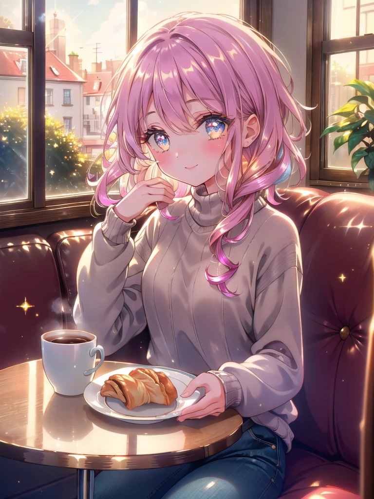 ((8k, Highest quality, masterpiece: 1.3)),Ultra-high resolution,(1 girl, alone), (Color changing eyes, Ultra-detailed, Expressive brilliance, Glitter, Glowing Eyes), Highly detailed eyes, Highly detailed face, Random Hair, ((pastel colour)The woman is at a small, intimate café with a vintage vibe, sitting by a window with a plate of freshly baked croissant and a small cup of coffee. She’s dressed in a casual knit sweater and relaxed-fit pants, her hair loosely pinned back. The warm, golden light of the late afternoon sun streams through the window, casting a soft glow on her face. She looks at the camera with a warm, affectionate smile, her eyes full of love and contentment, as if savoring both the meal and the presence of her boyfriend.