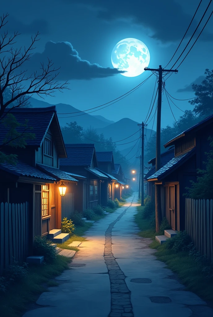 A quiet, rural village shrouded in darkness, illuminated only by the faint light of a full moon. The village looks eerily empty with shadows stretching across the streets. High resolution cartoon image