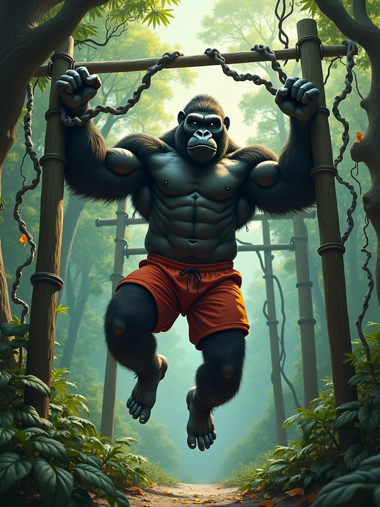 A gorilla wearing sportswear exercising in a jungle gym, Lots of foliage and trees surrounding it, detail , cinematic, Tim Burton style