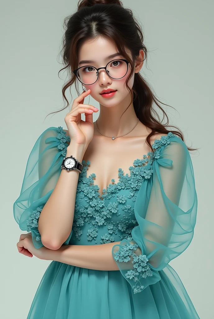 Woman with long hair tied in a ponytail, hair color brown, brown eyes, spectacled, long turquoise dress with blue flowers, White running shoes, On the right hand is a watch and a bracelet made of beads