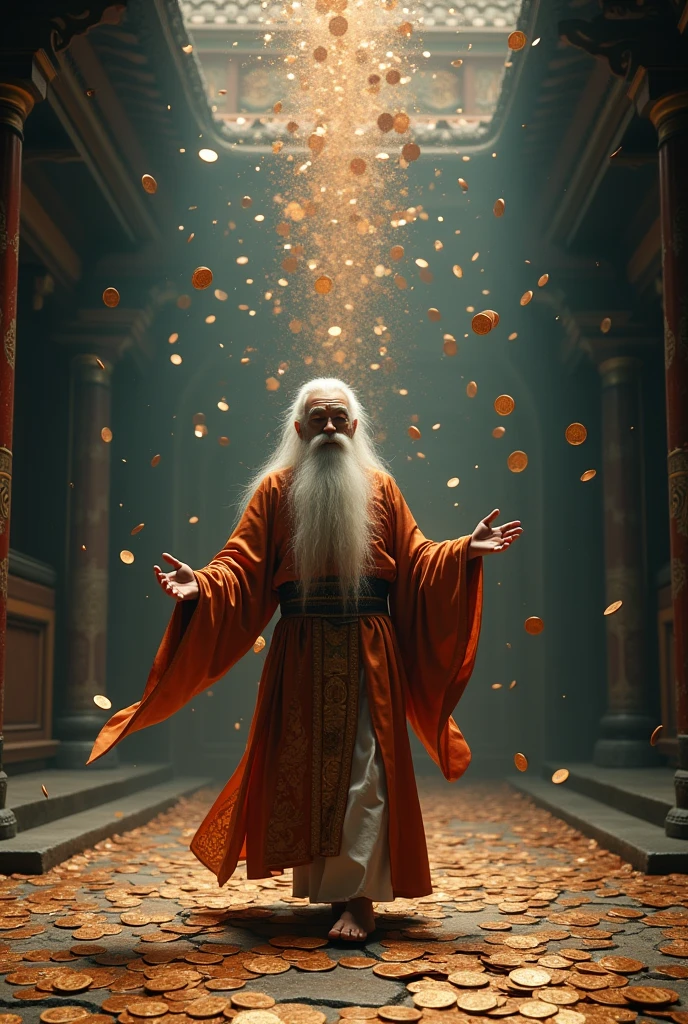 An old man with white hair and beard，Dressed in Song Dynasty costumes，The old man walks with the steps of a wizard or Taoist priest，Recite the mantra。Quick as a wink，There are more than a million copper coins.，It fell from the beam with a clang.，Like a heavy rain，My knees were gone in an instant.，Surrealism，Long shot，Low angle shot，Upward Shot，Strong sense of art，Movie Lighting，Delicate matte、Dark、Fantasy、Intricate details、Complementary colors、Fantasy概念艺术、8K resolution，Popular on Artstation Unreal Engine 5，Complex 3D rendering，150mm lens，