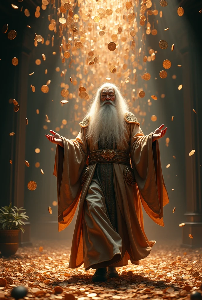 An old man with white hair and beard，Dressed in Song Dynasty costumes，The old man walks with the steps of a wizard or Taoist priest，Recite the mantra。Quick as a wink，There are more than a million copper coins.，It fell from the beam with a clang.，Like a heavy rain，My knees were gone in an instant.，Surrealism，Long shot，Low angle shot，Upward Shot，Strong sense of art，Movie Lighting，Delicate matte、Dark、Fantasy、Intricate details、Complementary colors、Fantasy概念艺术、8K resolution，Popular on Artstation Unreal Engine 5，Complex 3D rendering，150mm lens，