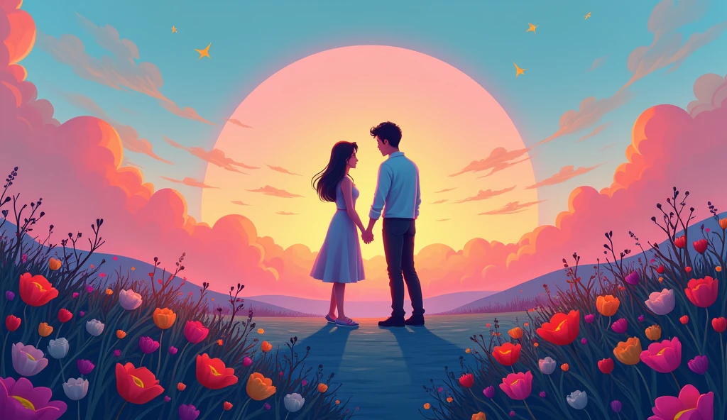 A man and a woman couple holding hands on the earth at dusk, colorful blooming flowers, a perspective from behind, modern art