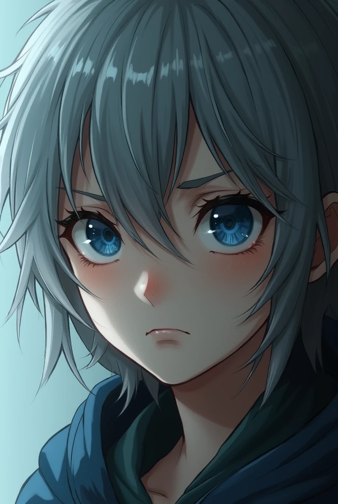 male、Middle school students、blue eyes、young、sad、lonely、Grim expression、Close-up of face、beautiful、neutral、Long eyelashes、Straight nose、White skin、Gray Hair、Long Hair、Staring at the audience、Facing left、Realistic、Real、Highest quality