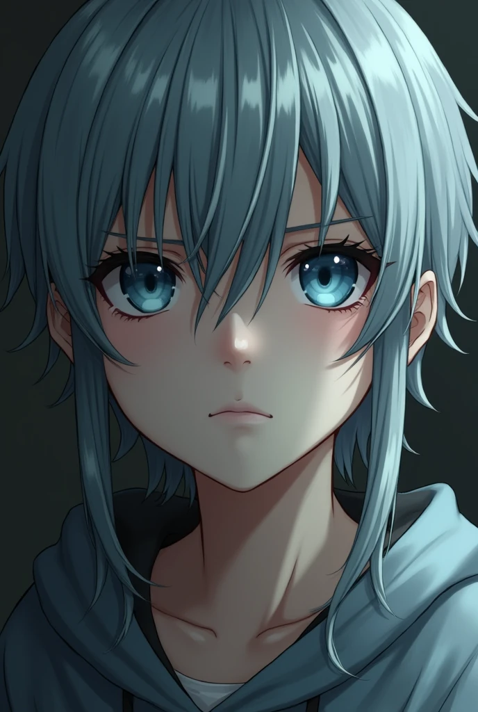 male、Middle school students、blue eyes、young、sad、lonely、Grim expression、Close-up of face、beautiful、neutral、Long eyelashes、Straight nose、White skin、Gray Hair、Long Hair、Staring at the audience、Facing left、Realistic、Real、Highest quality