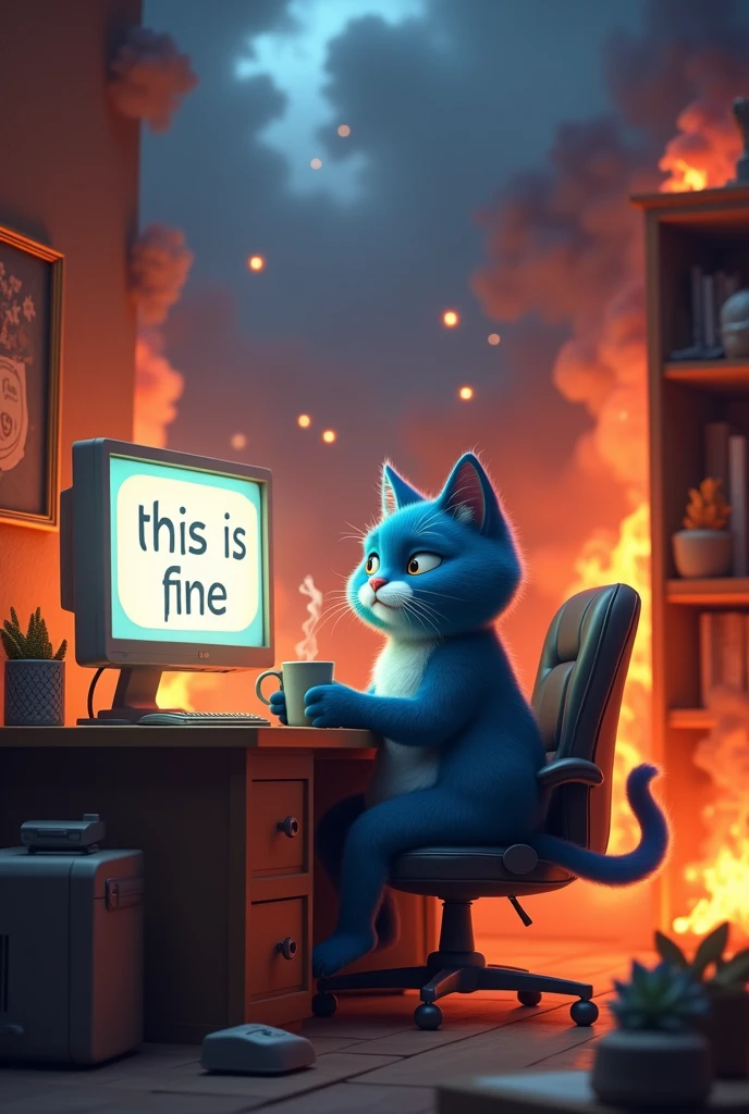 "An animated-style blue cat, with a calm expression, is sitting at a desk with a computer. On the computer monitor, the words 'This is Fine' are displayed. The cat is holding a cup of coffee and appears completely relaxed, while the entire house around it is on fire. The environment is chaotic, with flames and smoke engulfing the furniture, but the cat maintains its serene and unconcerned attitude. The design should capture the iconic and cartoonish style of the original meme, avoiding a realistic approach."