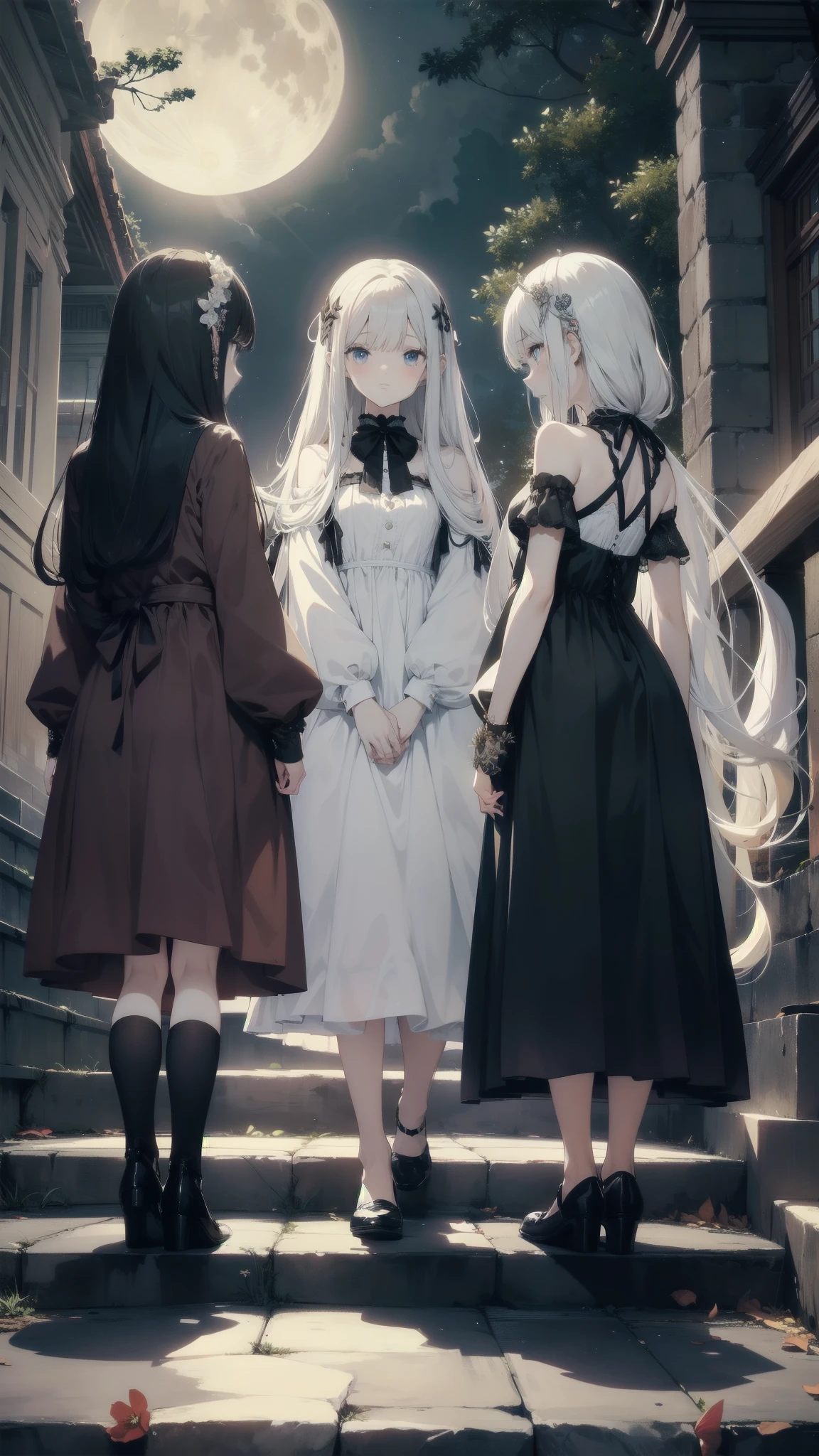 Masterpiece Top Quality

Three Girls Adorned in Delicate Dresses,Their faces showed disgust and contempt，  Akin to the Squid Game Characters

1. With Straight Long Hair, Pale as the Moon，Back，Go up the stairs，Stairs