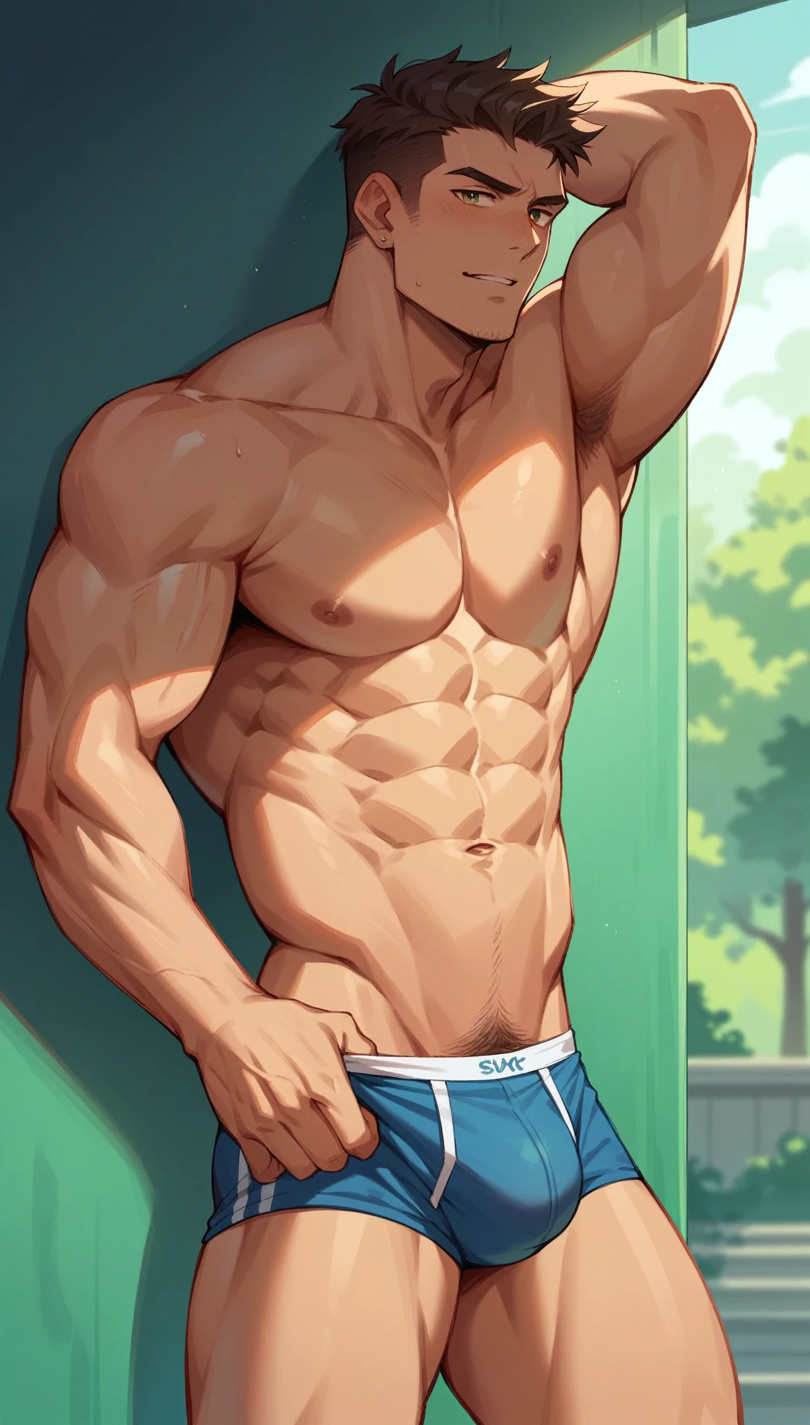 Handsome man, no shirt, sexy,sixpack,wearing underwear with a bulging crotch