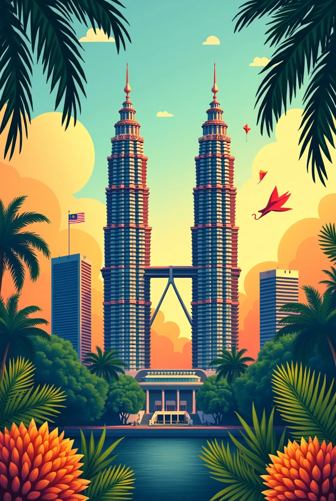 A poster for the 67th Merdeka 
Include things that are iconic about malaysia 
Dont include any people in it 
Alot of small things that are iconic about malaysia 
