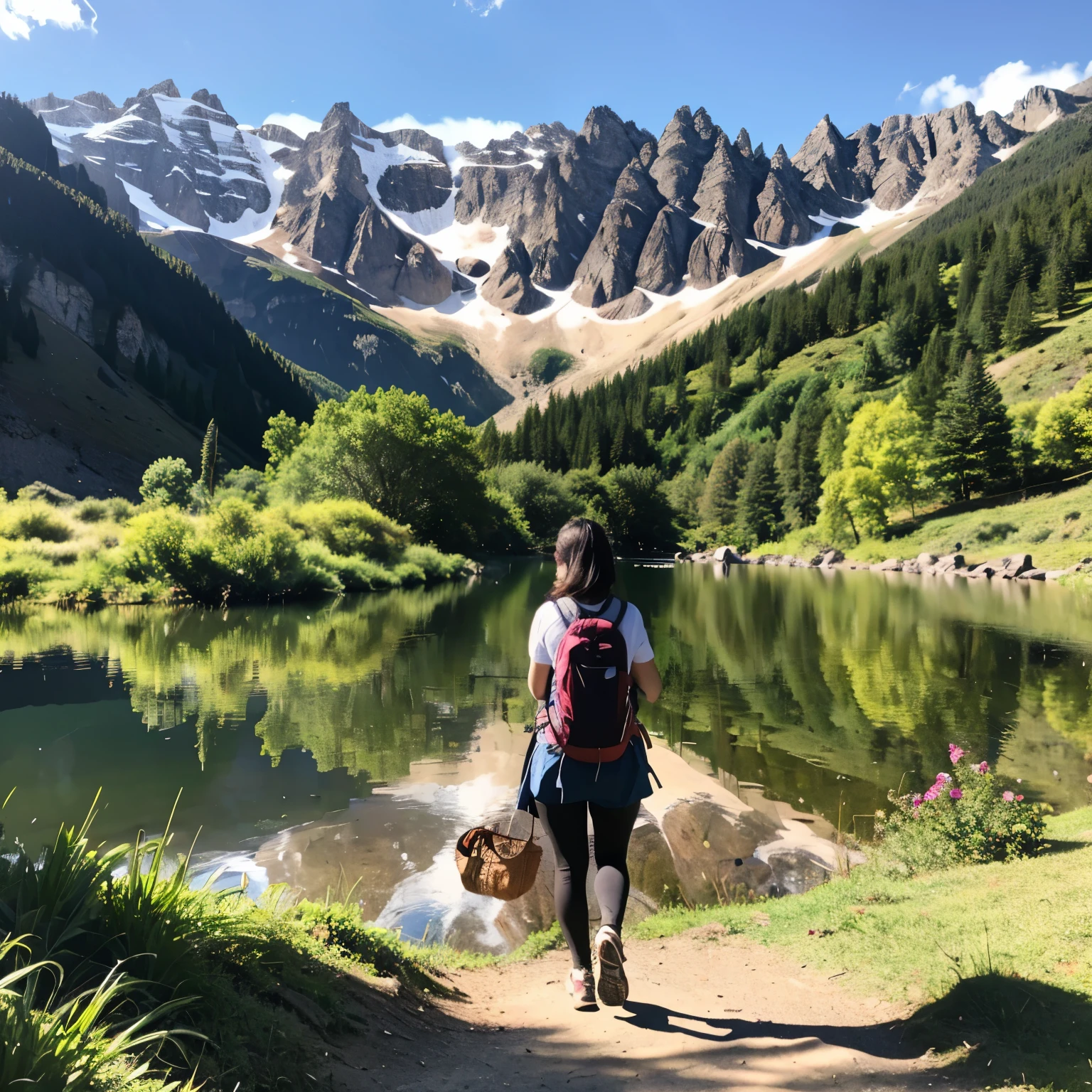 A woman taking a leisurely walk or hike through a scenic trail, surrounded by mountains, forests, or a lakeside. The image should capture moments of joy, exploration, and connection with nature, reflecting the idea that wellness is enhanced through outdoor activities and natural environments.