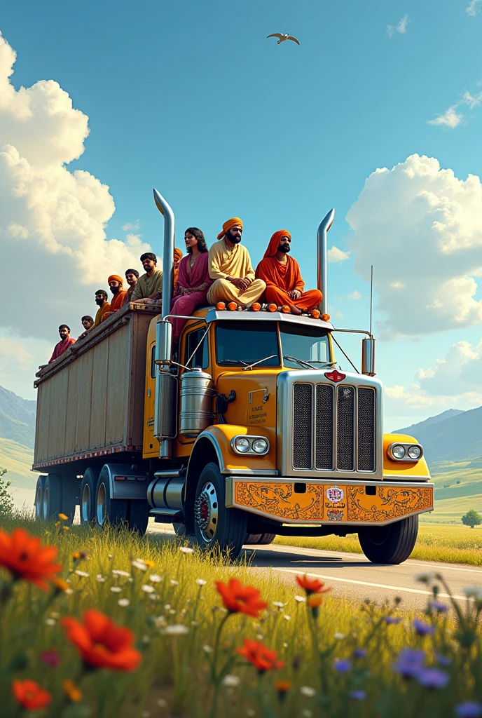 Indian people sitting on the canadian long truck roof