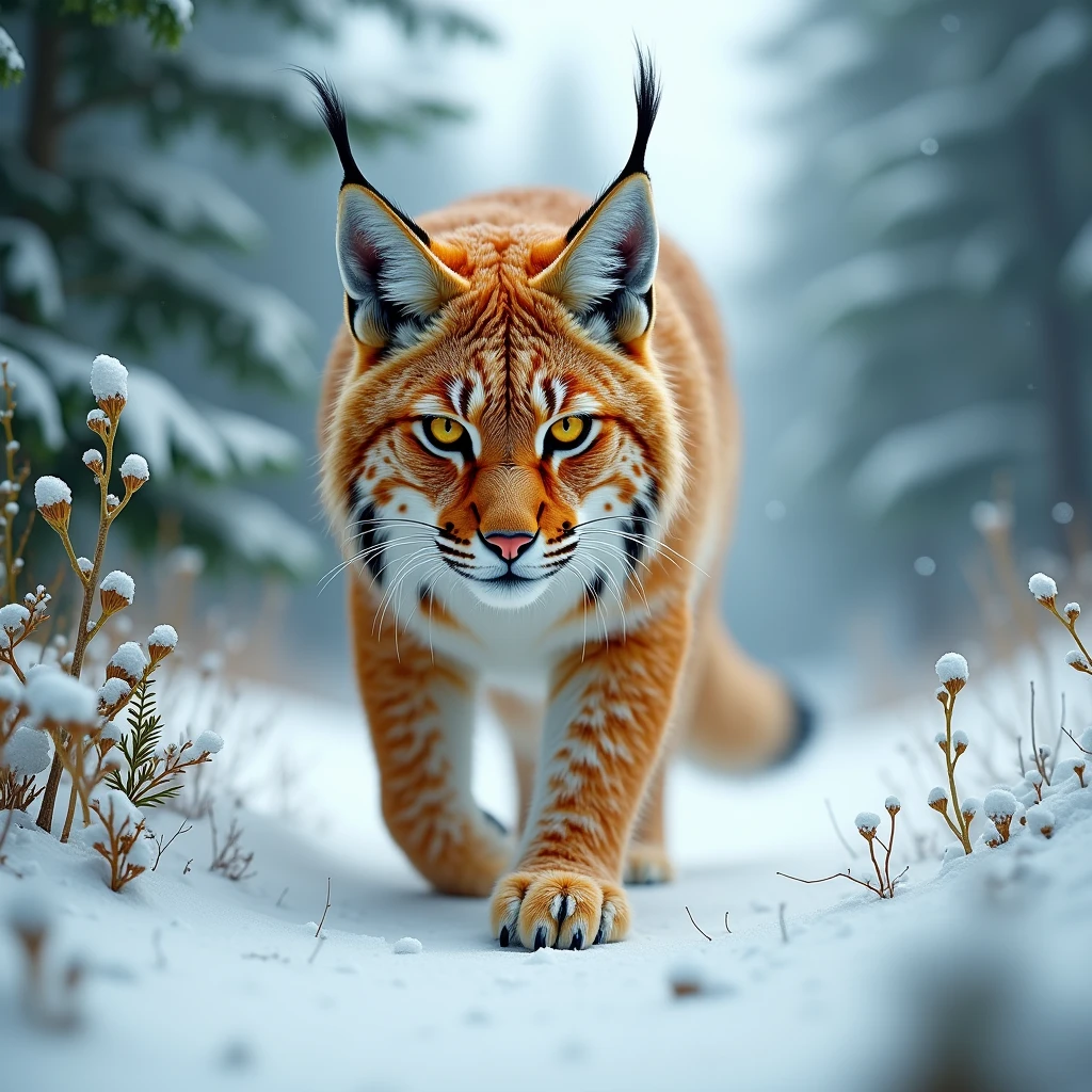 an orange lynx in a snowy environment, high resolution, HDR, subtle lush green element to the image