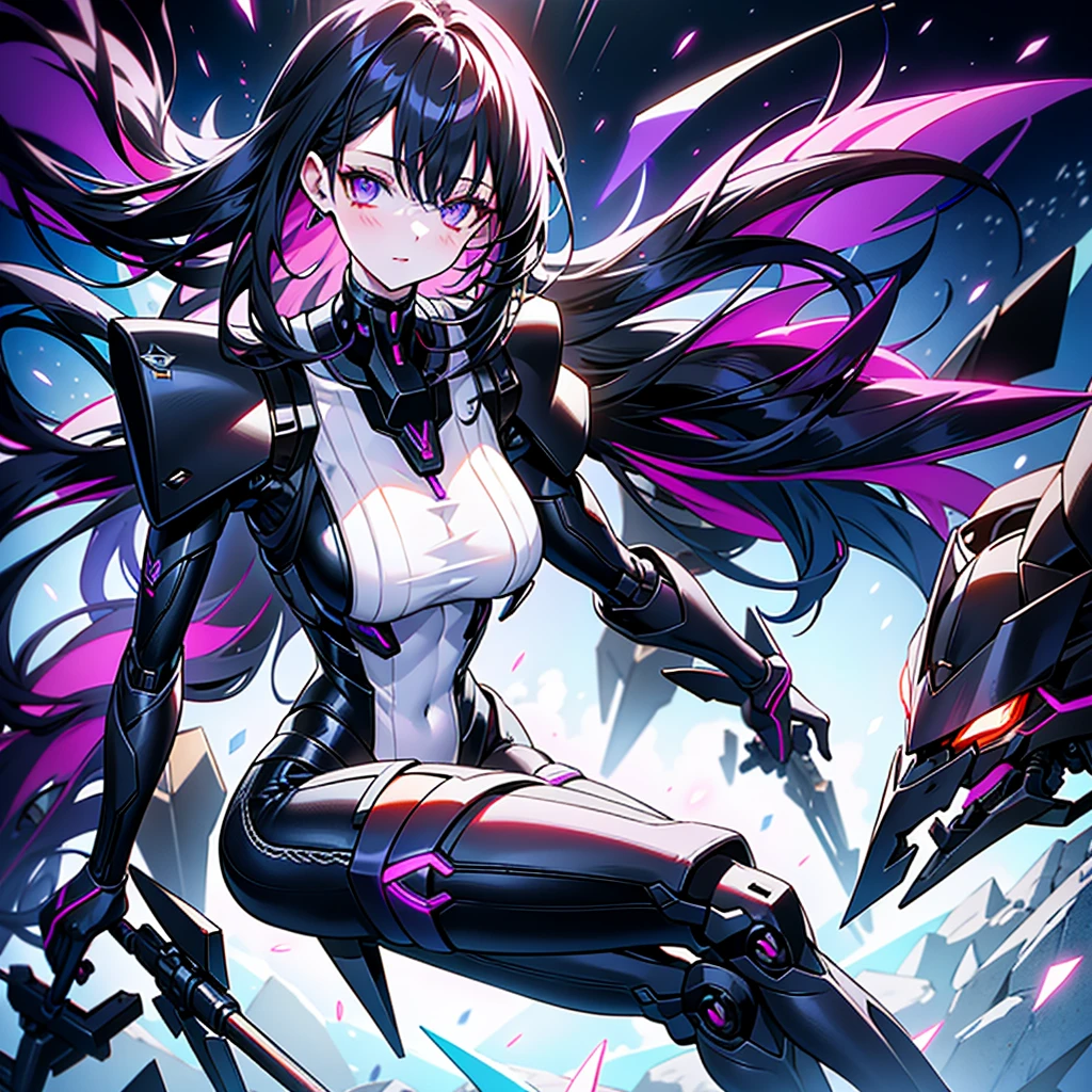 She has long, dark purple hair that falls straight down her back, contrasting sharply with her pale, almost porcelain skin. Her eyes are a deep, vivid indigo, glowing faintly in low light, a telltale sign of her Immortal essence. She wears a sleek, dark gray pilot suit with purple accents that shimmer subtly, designed to interface perfectly with her mecha’s systems.