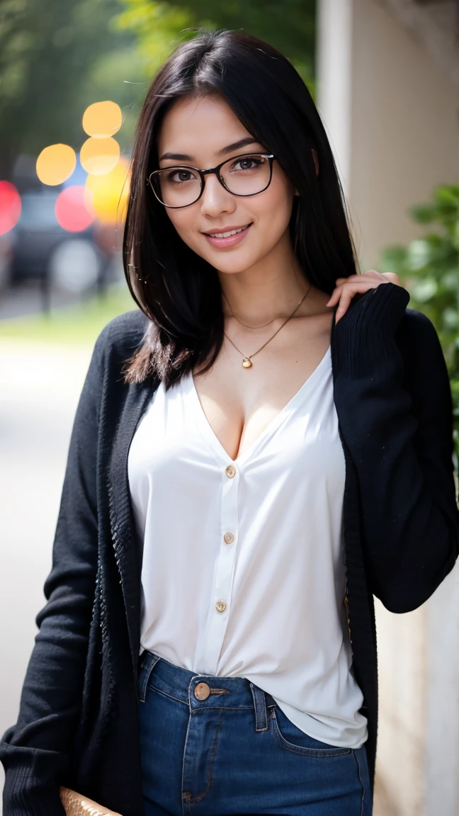 Best Quality, Masterpiece, Beautiful and Aesthetic, 16K, (HDR: 1.4), High Contrast, Bokeh: 1.2, Lens Flare, (Vivid Colors: 1.4),cinematic lighting,depth of field, film lighting, ambient light, side light, exquisite details and textures, cinematic lens, warm tones, (bright and intense: 1.2), wide-angle lens, hyper-realistic, (knee-length view), BREAK 1 girl,Japanese,22 yo,beautifull detailed face,A smile with a little visible teeth,(Slender body:1.5),((Wearing a cardigan)),pastel clothing, ((Have a small handbag)), Beautiful detailed skin,Skin Texture,Floating hair,((fluffy hairstyle)),Black semi-long wavy hair, saggying breasts with good shape,(cleavage),((Black square glasses)),cheerful pose,day,daylight,outdoor,braless,