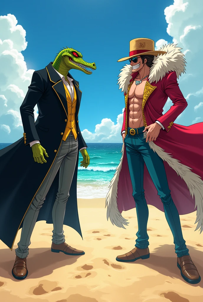 (Anime, One Piece) Sir Crocodile and Donquixote Doflamingo stand together on a beach