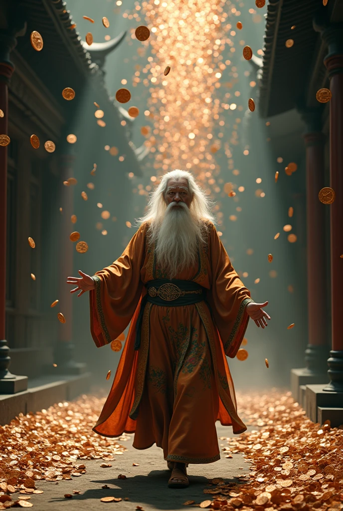 An old man with white hair and beard,Dressed in Song Dynasty costumes,The old man walks with the steps of a wizard or Taoist priest,Recite the mantra。Quick as a wink,There are more than a million copper coins.,It fell from the beam with a clang.,Like a heavy rain,My knees were gone in an instant.,Surrealism,Long shot,Low angle shot,Upward Shot,Strong sense of art,Movie Lighting,Delicate matte、Dark、Fantasy、Intricate details、Complementary colors、Fantasy概念艺术、8K resolution,Popular on Artstation Unreal Engine 5,Complex 3D rendering,150mm lens,