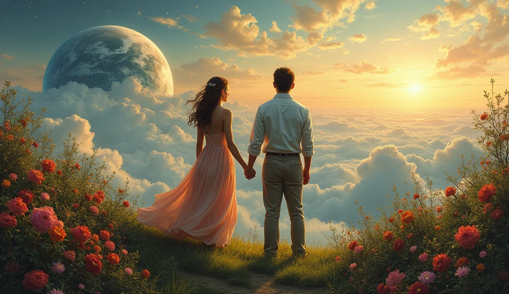 A man and a woman couple holding hands on the earth at dusk, colorful blooming flowers, perspective from behind, oil painting