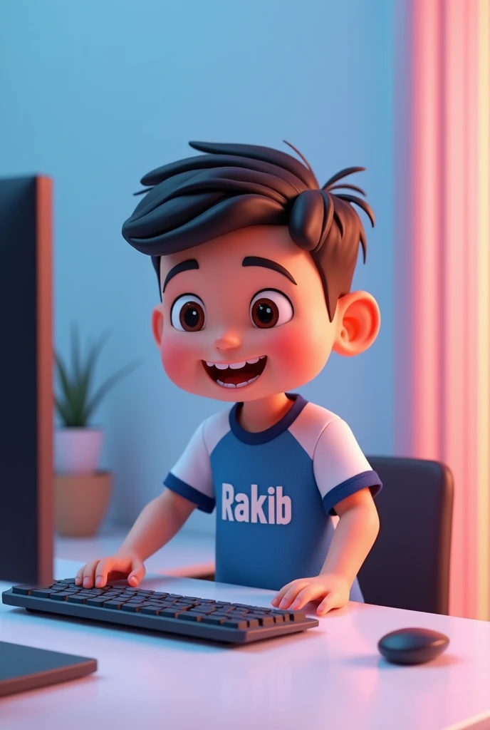 Create 3d animation character 2 boy using computer and his Jersey name rakib.