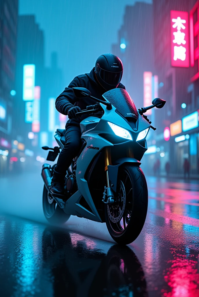 MT 15 bike in heavy rainfall and fog at neon blue pink city