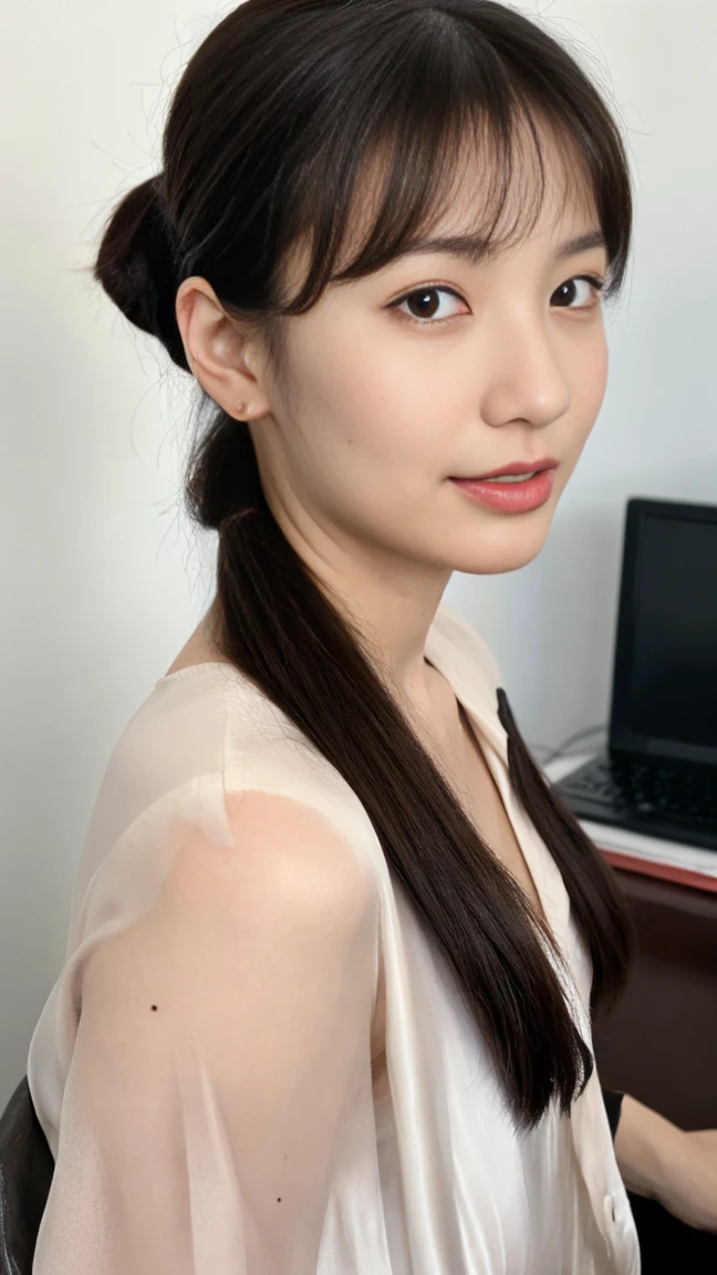 (top-quality, 16K, ​masterpiece:1.3), (ultra detailed), (masterpiece), (best quality), Highest quality, Realistic, Surreal, Highest quality, Extremely detailed CG, Very delicate, 16K wallpaper, High resolution, BREAK ((Silky hair)), ((medium Hair:1.5)), ((high ponytail:1.5)), ((asymmetrical bangs)), (a woman in a management position at a prestigious company), ((solo)), ((8 heads tall)), ((38歳)), BREAK ((upper body:1.4)), ((look into the viewer's eyes:1.5)), ((looking at viewer:1.5)), ((Front view:1.5)), ((from front:1.5)), BREAK ((mole, beauty mark:1.3)), short arms, ((small eyes)), fleeting atmosphere, ((thin eyebrows:1.4)), ((thin lips:1.5)), (embarrassed, blush), ((orgasm:1.4)), ((ecstasy:1.5)), (slut:1.2), (fucked silly:1.2), BREAK (very beautiful woman), ((UNTITLED business suit:1.5)), ((Very simple necklace)), ((earrings)), ((With a large window Japanese office)), ((Working at desk:1.4)), Japanese, slender body, very detailed, detailed fingers, detailed hands, detailed eyes, detailed legs, accurate and perfect human anatomy, real human skin,