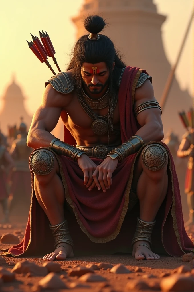 3D animation style image "Arjuna in Despair: Arjuna sitting on his chariot, bowing his head, and laying down his bow and arrows, overwhelmed with grief and doubt."