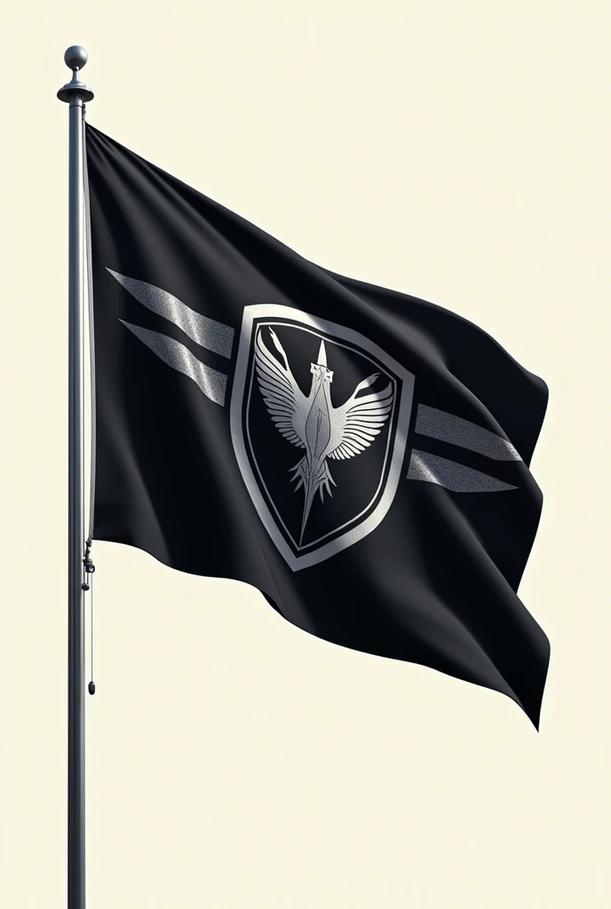 The flag has a powerful and imposing design, with the entire background in a deep, midnight black, symbolizing strength, authority, and the covert nature of military operations.
At the center of the flag is a bold, silver shield with a polished, metallic finish, symbolizing defense, protection, and resilience. The shield is adorned with a sharp, angular emblem of an eagle in flight, rendered in dark metallic gray, representing vigilance, power, and strategic dominance. The eagle's wings are spread wide, conveying readiness and control, while its talons clutch a sword, symbolizing both offensive and defensive capabilities.
Surrounding the shield are four sleek, diagonal lines in a dark, matte silver, converging towards the center from each corner of the flag. These lines represent precision, discipline, and the strategic coordination of forces.
The overall design is striking and authoritative, capturing the essence of a private military and defense company dedicated to security and operational excellence.I want it to appear like a tailored flag and a real one I don't want a dark grey background I am not referring to the background of the flag I like this flag but put it on a flagpost with a bright cream background not the flag background but the overall one I like that one but the flagpost is not classy
2/2