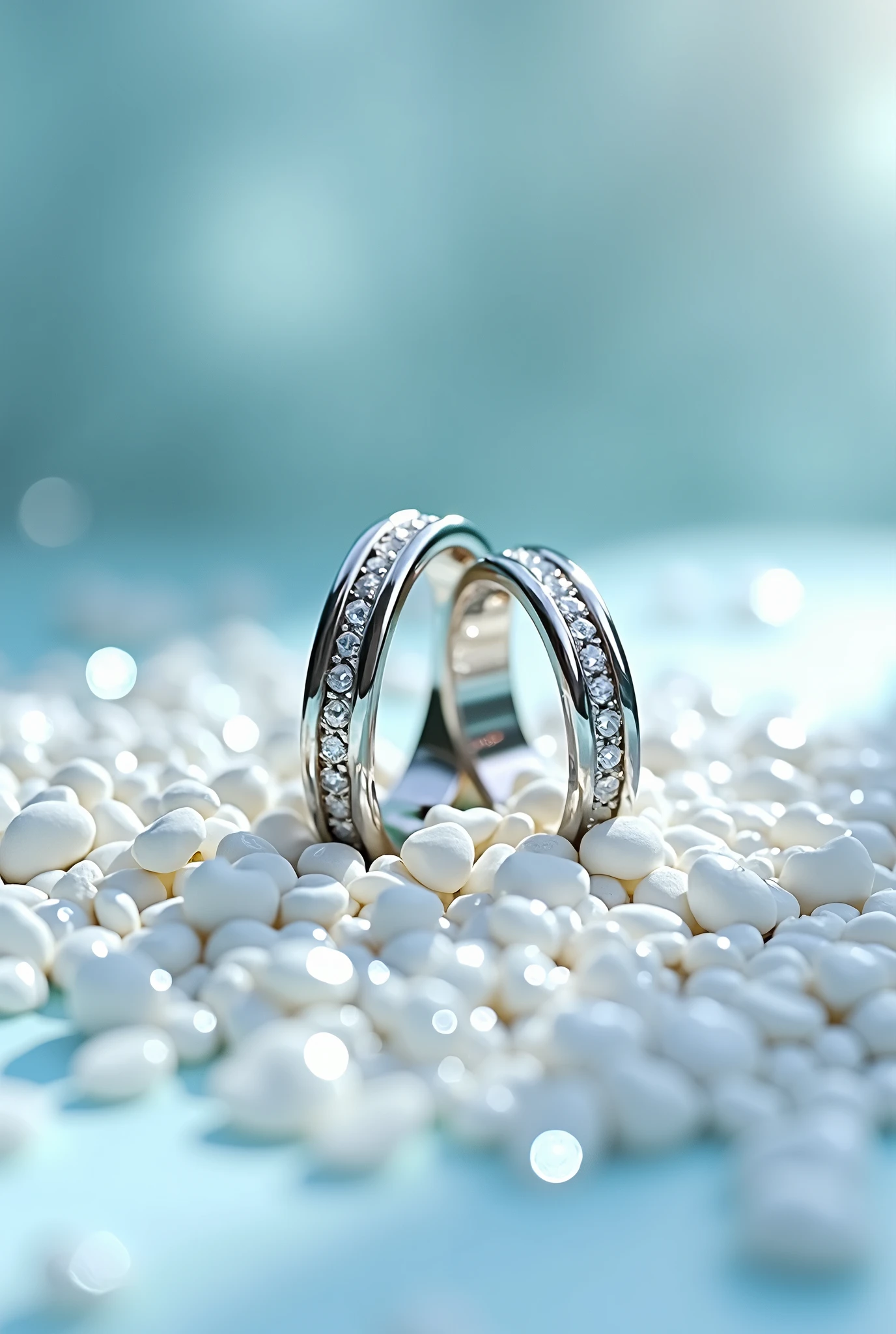Photo of white gold wedding rings, standing on their ribs next to each other on small white stones surrounded by a soft bluish haze