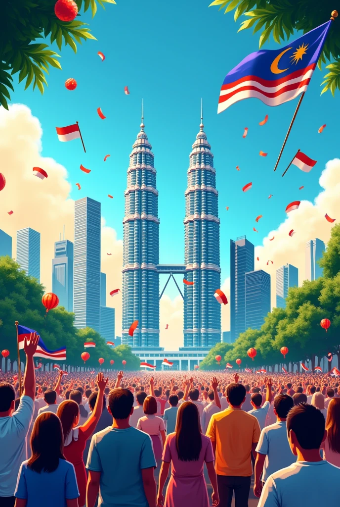 a poster about Malaysia Independence Day with a beautiful scenery & klcc tower. Full of citizens Malay, Indian & Chinese celebrating.